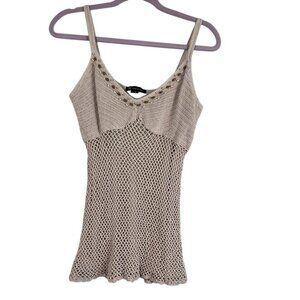 INC Crochet Beaded Top M Cream Tank Boho Coastal Beach 80s Western Concert Indie